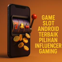 Smartphone hitam menampilkan mesin slot virtual dengan simbol angka tujuh, lonceng, dan ceri, serta koin emas keluar dari layar dengan teks “Game Slot Android Terbaik Pilihan Influencer Gaming