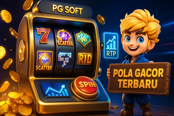 Ilustrasi 3D promosi pola slot PG Soft terbaru dengan efek visual mewah, menampilkan simbol scatter, wild, dan jackpot yang menggambarkan strategi akurat meraih Maxwin.